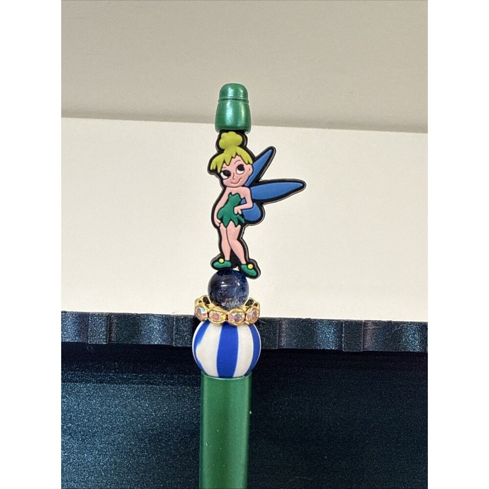 New Cute Green Tinkerbell Disney Beaded Writing Black Ink Pen Handmade